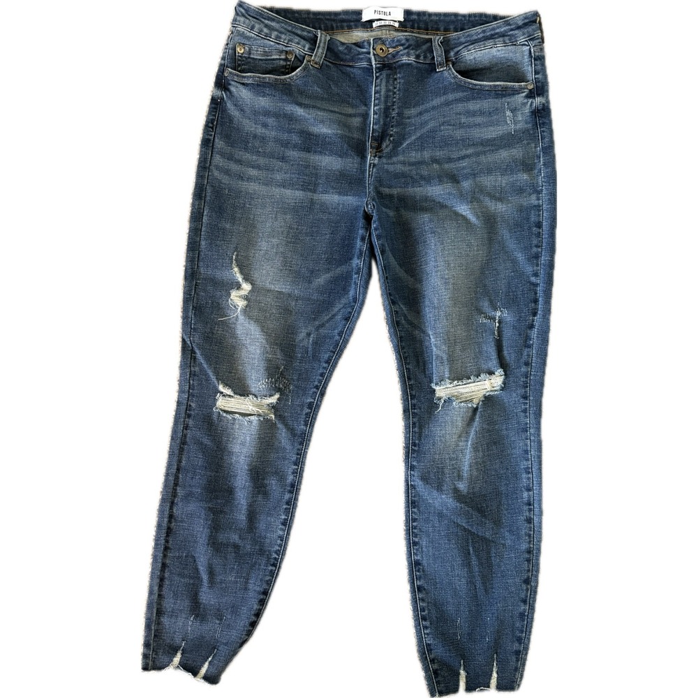 Pistola Distressed Ankle Skinny Jeans Ripped Knee Raw Hem Med Wash Denim Size 33